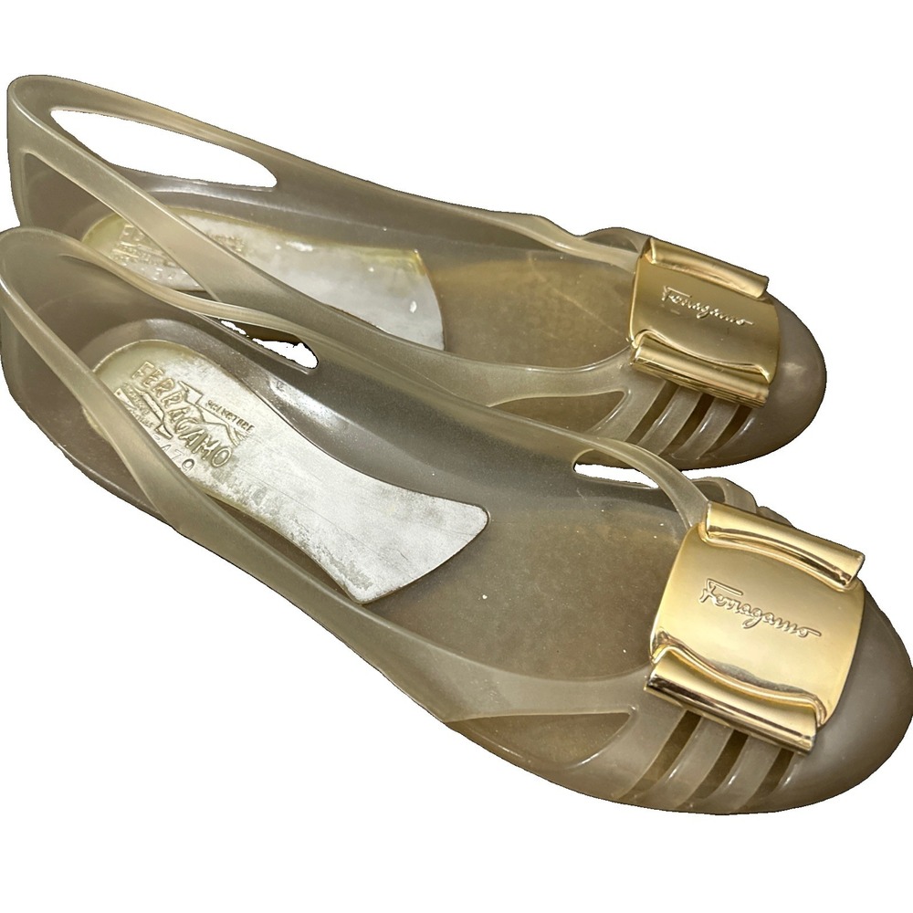 Salvatore Ferragamo Jelly Gold Glitter Flats Womens Size 8 Made In Italy